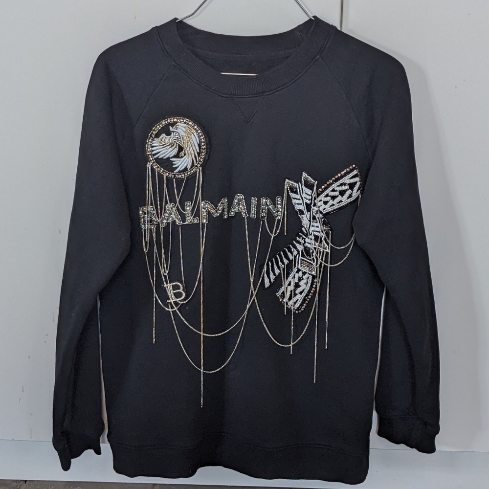 Balmain Luxury Crew Neck Sweatshirt Chain Detail Evening Beaded Size 36 Black 🖤